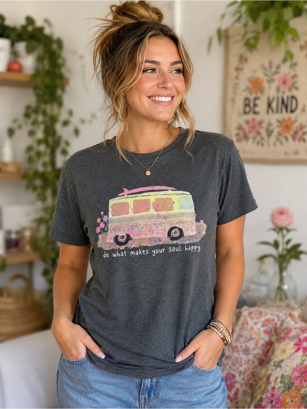 Natural Life Soul Happy crew neck t shirt hippie bus camper size small